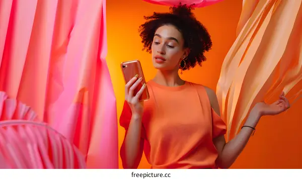 Woman with Curly Hair in Orange Top Using Smartphone in Colorful Background