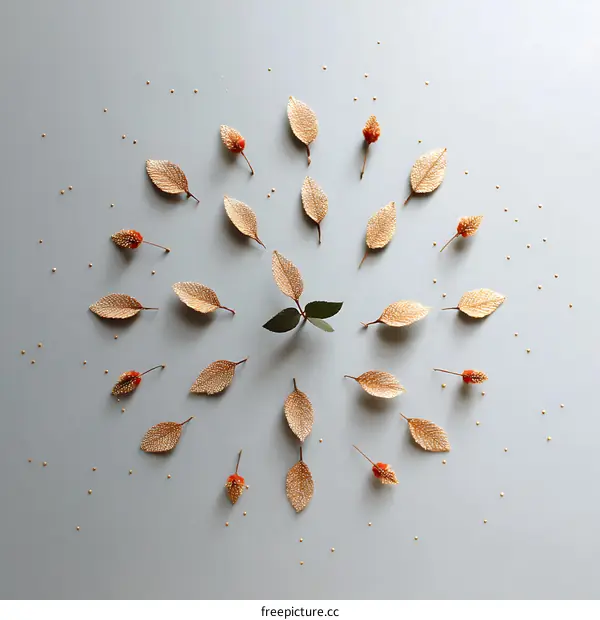 Autumnal Gold Leaf Arrangement on a Light Grey Background
