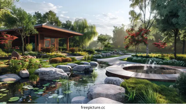 Japanese Zen Garden with Stone Path, Pond and Koi Fish