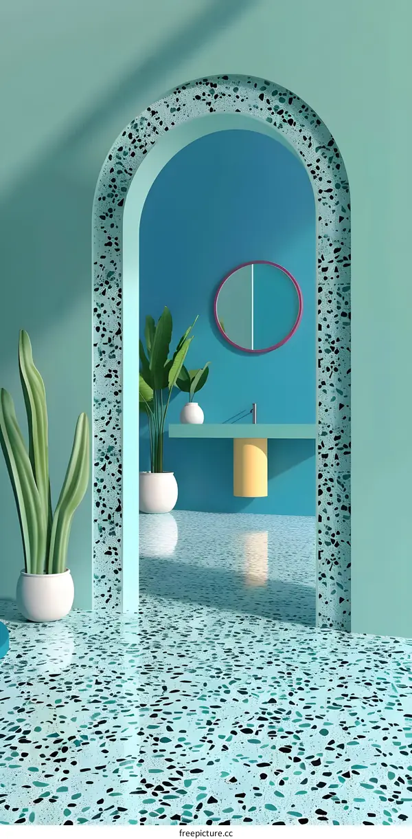 Minimalist Bathroom Interior Design with Turquoise and Blue Walls and Terrazzo Floor