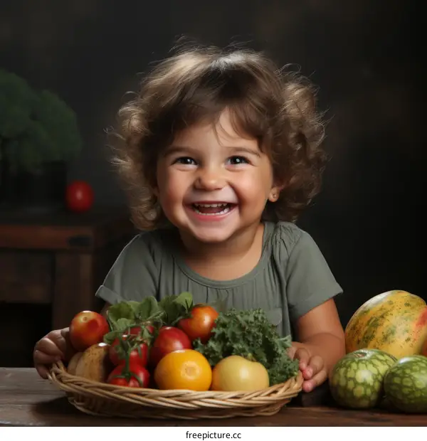 Curly-haired girl with a basket of fruits and vegetables
