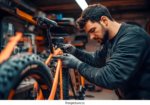 Man Fixing a Mountain Bike in a Garage