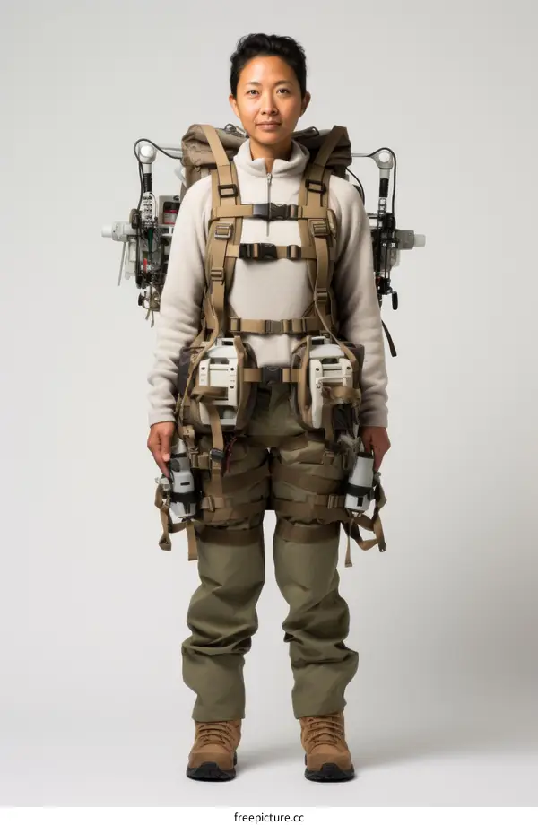 A woman wearing a military exoskeleton
