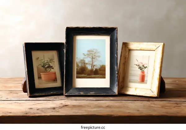 Vintage Wooden Picture Frames Displaying Photographs