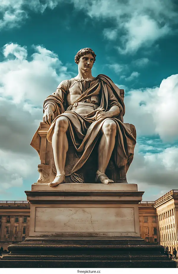 Marble Statue of a Man Sitting on a Throne Against a Cloudy Sky
