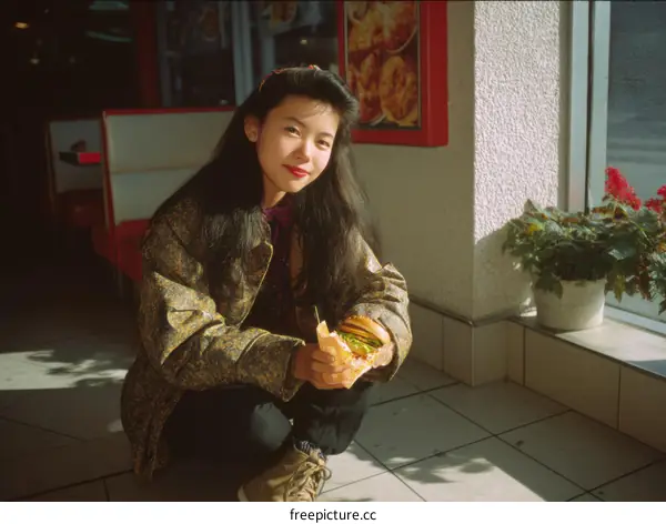 Asian Woman Eating in Diner Restaurant