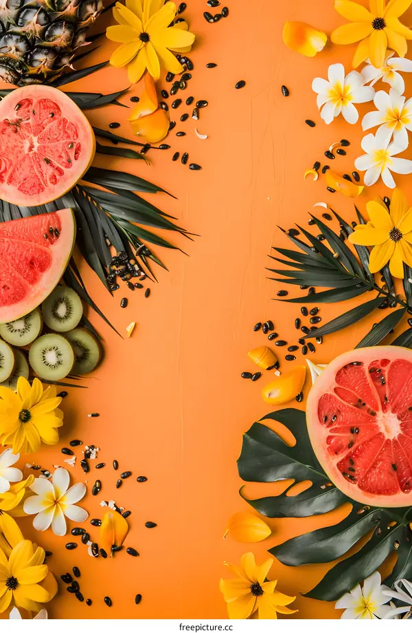 Tropical Fruit and Flower Summer Background