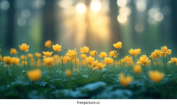 Yellow flowers in a field with a forest in the background
