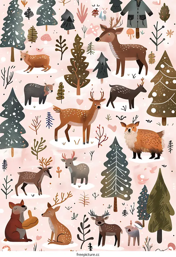 Winter Forest Animals Illustration With Pink Background