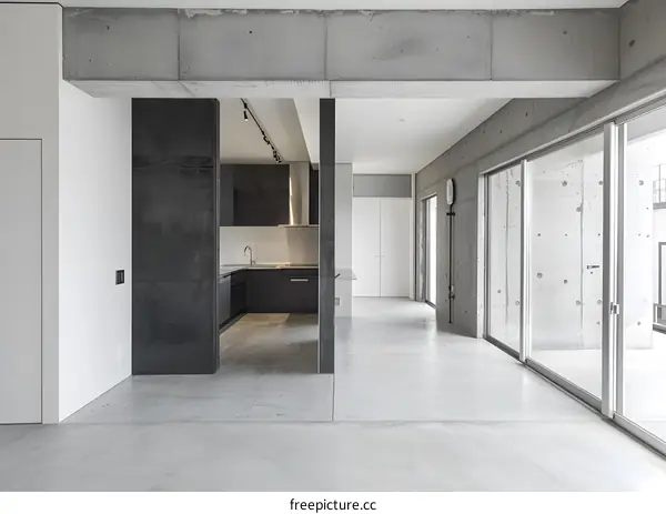 Modern Minimalist Kitchen Interior Design With Concrete Walls And Grey Floor