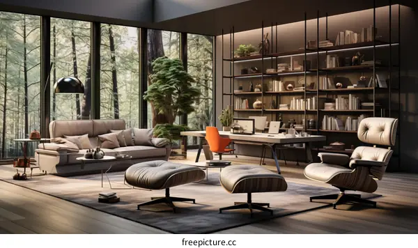 Modern Home Office Interior Design:  Minimalist Workspace with Natural Light