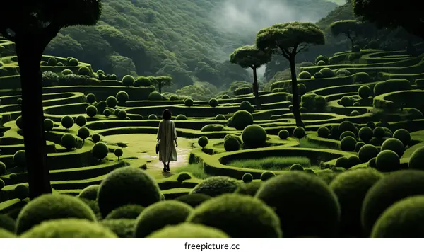 Woman Walking Through a Verdant Topiary Garden