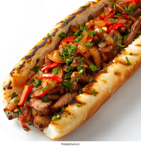 A delicious steak sandwich with grilled onions and peppers
