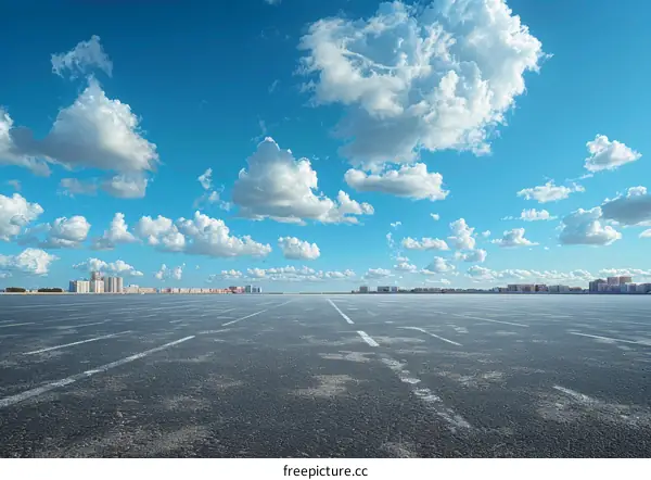 Empty Parking Lot with White Clouds and Blue Sky