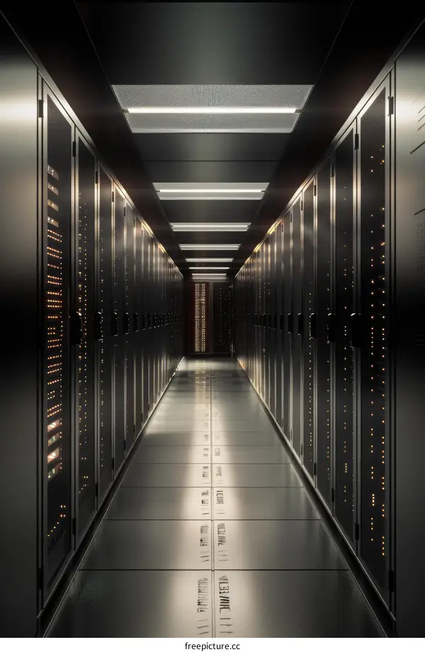 Futuristic data center with rows of server racks