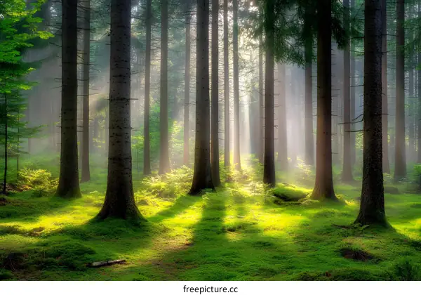 Sunbeams Shining Through Trees in Forest