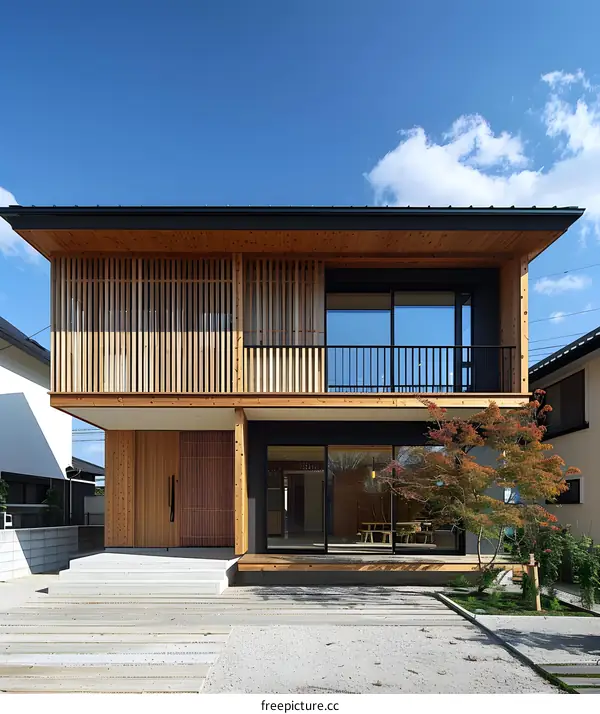 Modern Japanese House with Wooden Facade and Large Windows