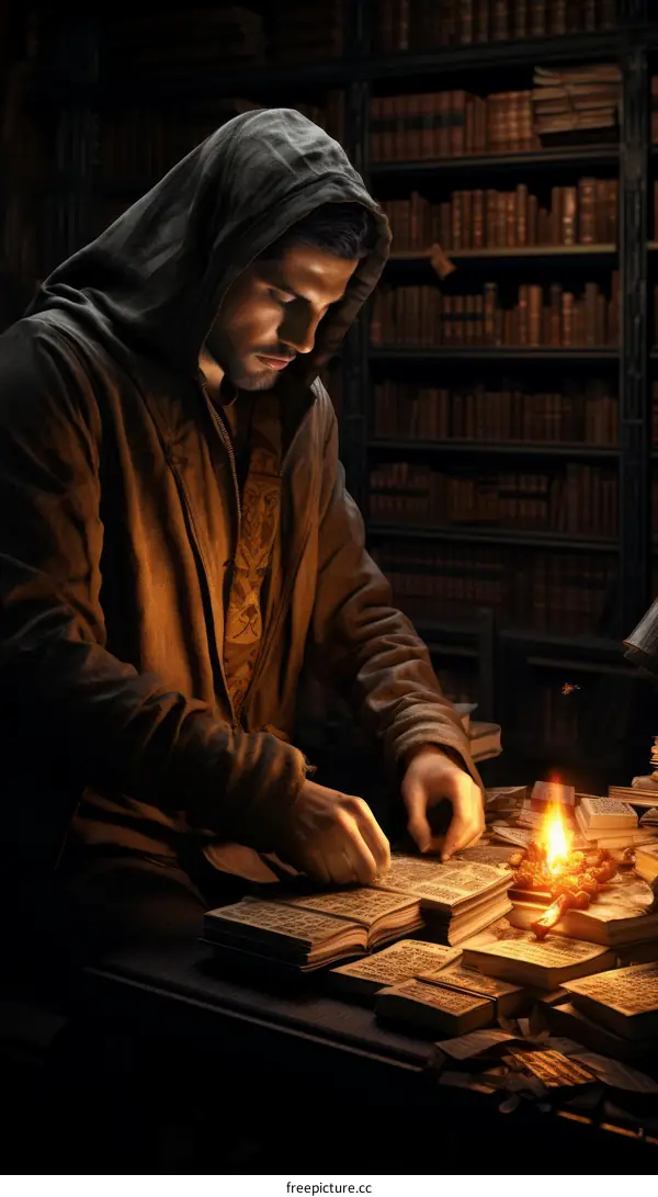 A young man in a brown robe is reading a book in a library.