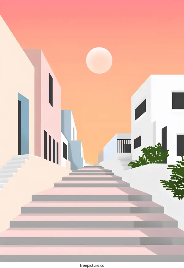 Minimalist Illustration of Stairs Leading Up to a Town in a Sunset Sky