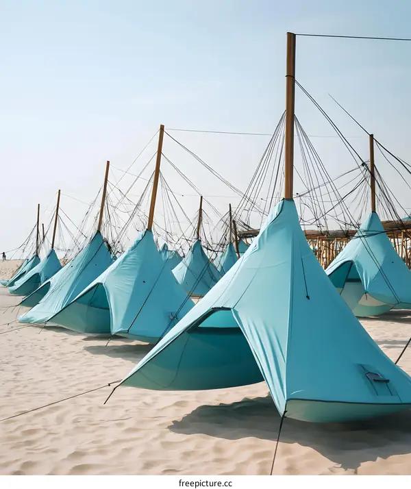 Blue Tents Set Up On A Sandy Beach