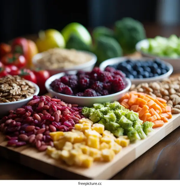 A variety of fresh vegetables and fruits are arranged on a wooden table.