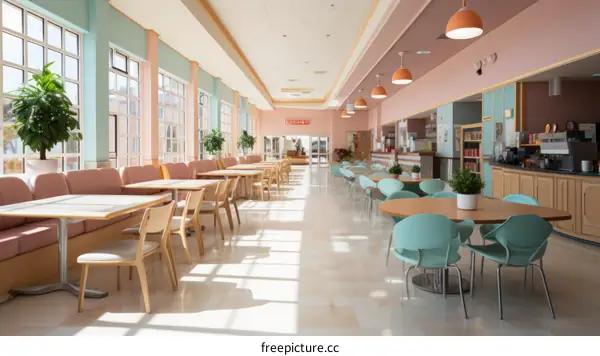 Retro Diner with Pastel Pink and Blue Walls & Large Windows