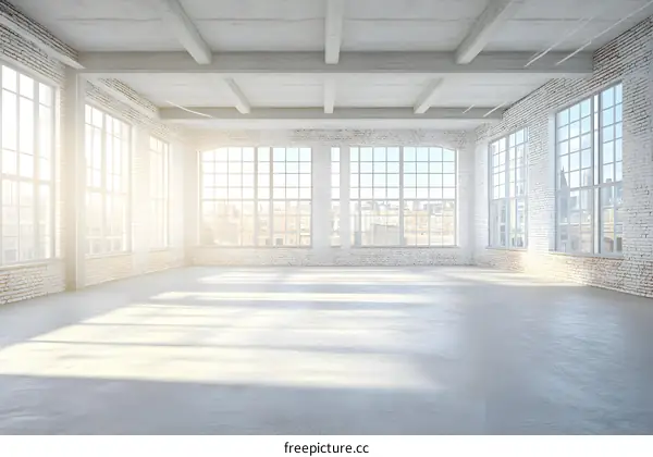 Empty Loft Room with Large Windows and Brick Walls