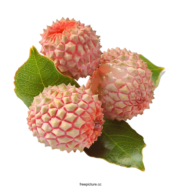 [Transparent Background PNG]Fresh lychees with leaves on white background