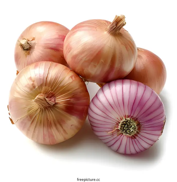Five onions on white background