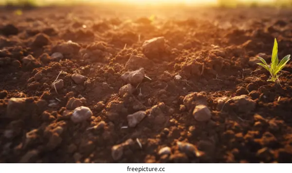 Fertile Soil and Growing Plant at Sunrise