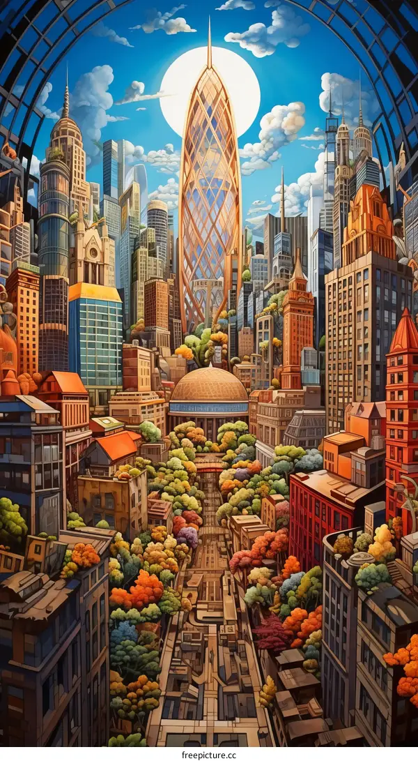 A Painting of a Vibrant City with a Central Park