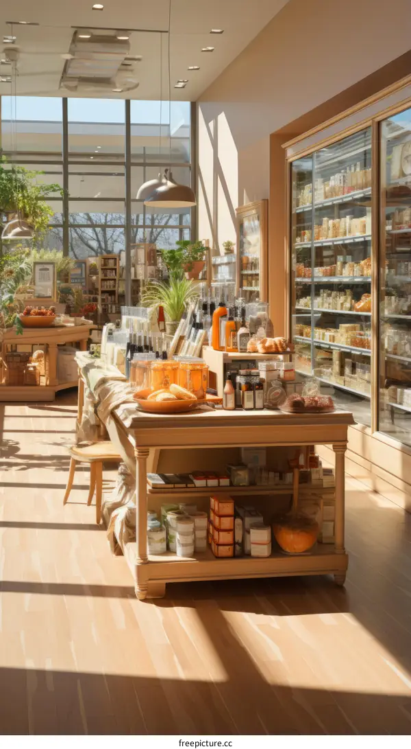 Warm and Inviting Grocery Store Interior with Ample Windows and Shelves