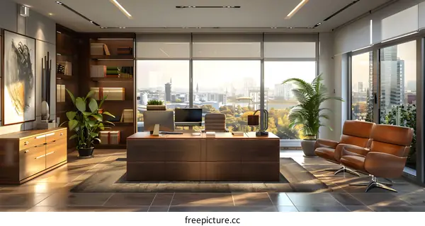 Modern office interior design with large windows and a city view