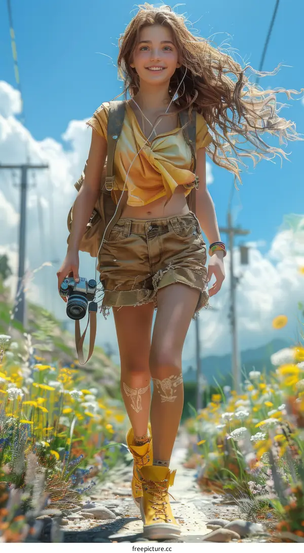 girl with camera in a field of flowers