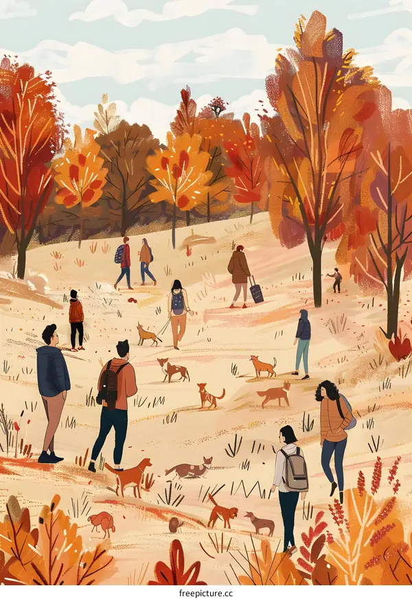 People Walking Dogs in a Forest in Autumn