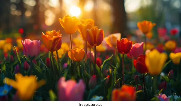 Vibrant Field of Tulips Under Sunset Sky