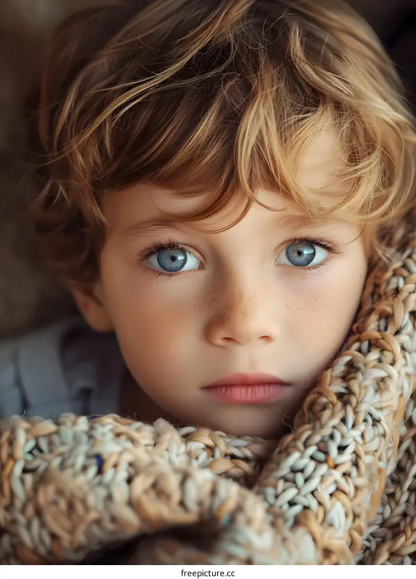 Portrait of a cute boy with freckles and blue eyes wrapped in a blanket