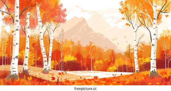 Autumn Birch Forest Landscape with Mountain