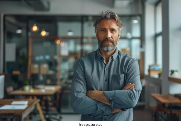 Portrait of a middle-aged man with gray hair and beard in a blue shirt standing in an office