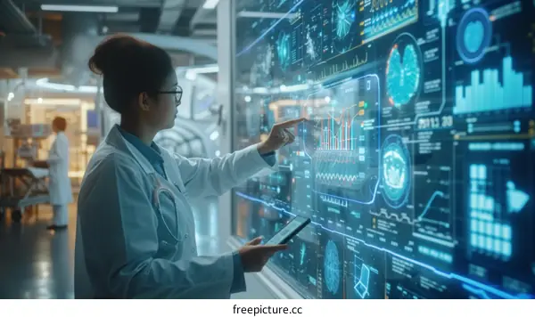 Asian female doctor in futuristic laboratory with transparent screen