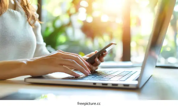 Working Woman Using Laptop and Smartphone