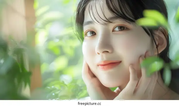 Young Asian Woman with Green Leaves Portrait