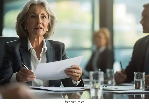 Senior Businesswoman Reviewing Documents at a Meeting