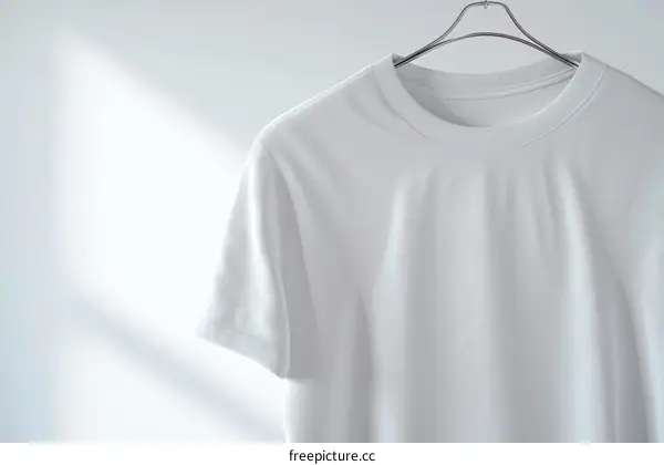 A white T-shirt hanging on a hanger against a white background