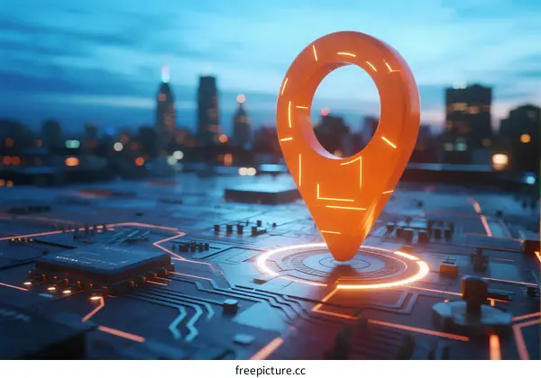 Futuristic GPS Pin on Circuit Board with City Background