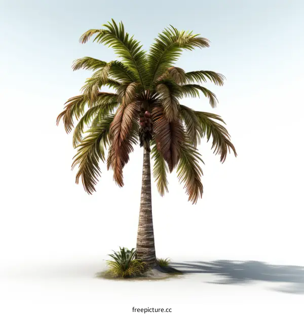 A tall palm tree with green and brown leaves and a few coconuts growing on it