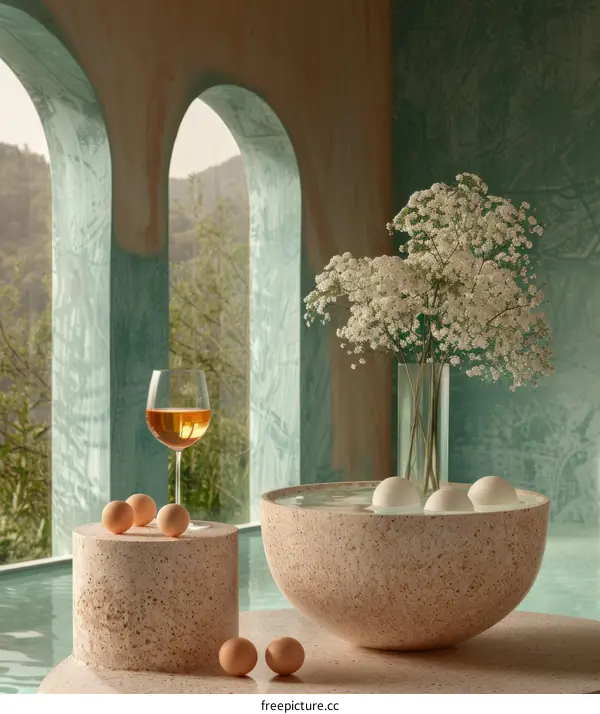 Serene Still Life: Flowers, Eggs, and Light