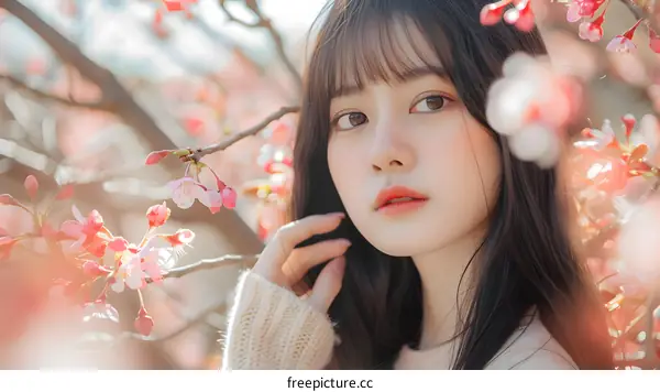 Asian Woman with Cherry Blossoms in the Background
