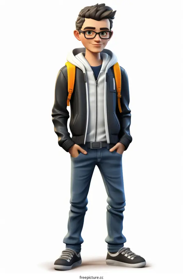 Illustration of a young male student wearing a black jacket and blue jeans