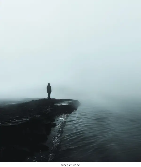 Person standing alone on a pier in the middle of a foggy lake